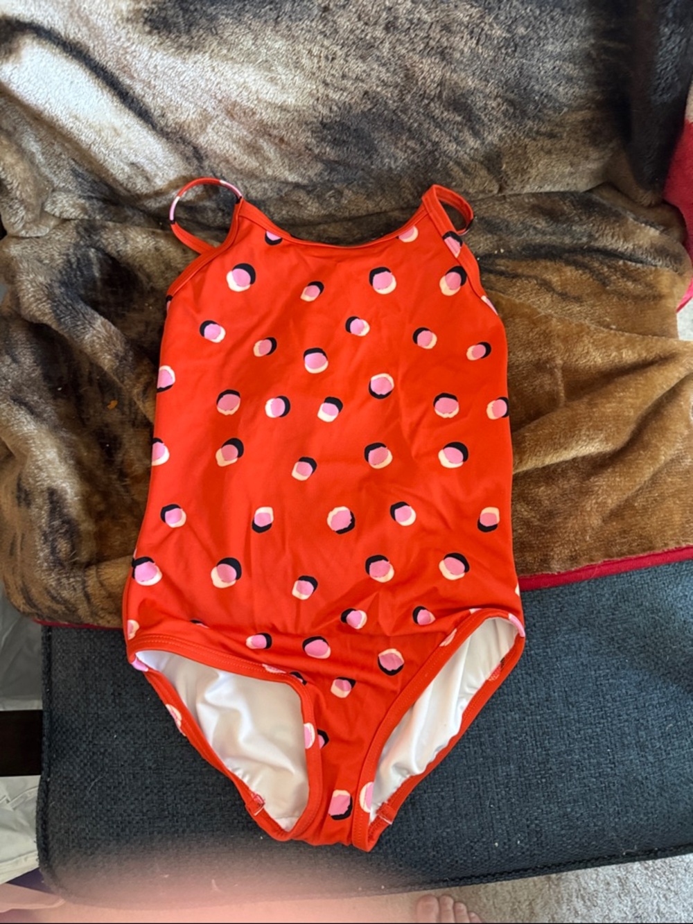 Hanna Andersson Red One-Piece Swimsuit with Pink and Black Polka Dots